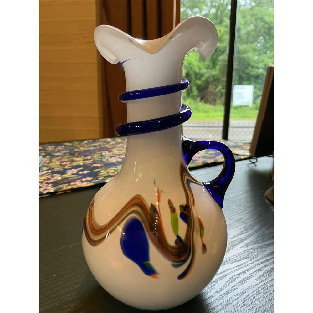 7" Murano Art Glass Cruet / Pitcher / Vase w/ Applied Cobalt Handle Confetti